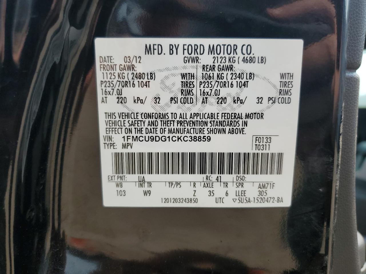 2012 Ford Escape Xlt VIN: 1FMCU9DG1CKC38859 Lot: 63462024