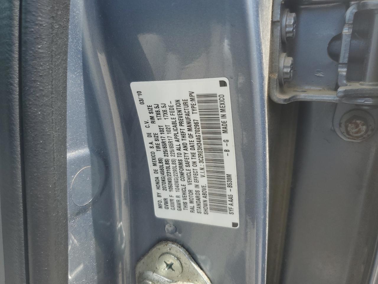 2010 Honda Cr-V Lx VIN: 3CZRE3H34AG702967 Lot: 65185834