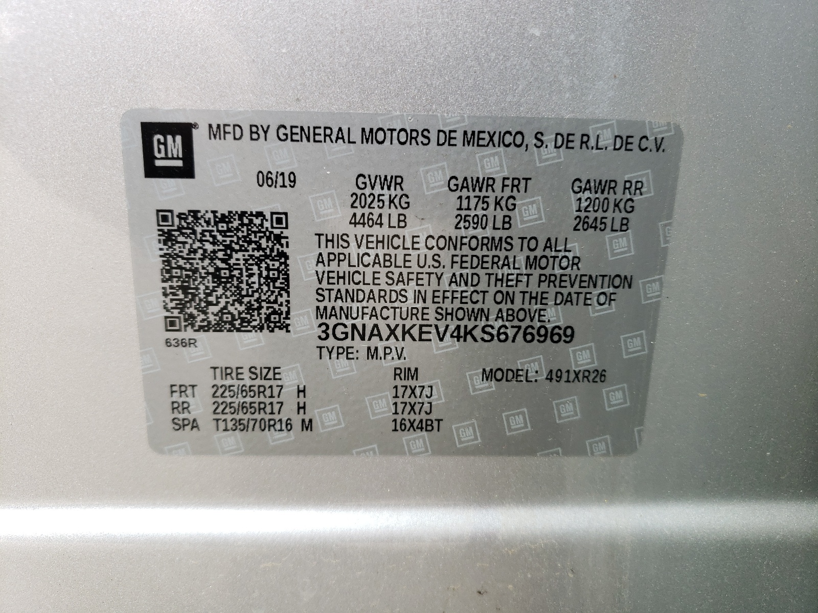 3GNAXKEV4KS676969 2019 Chevrolet Equinox Lt