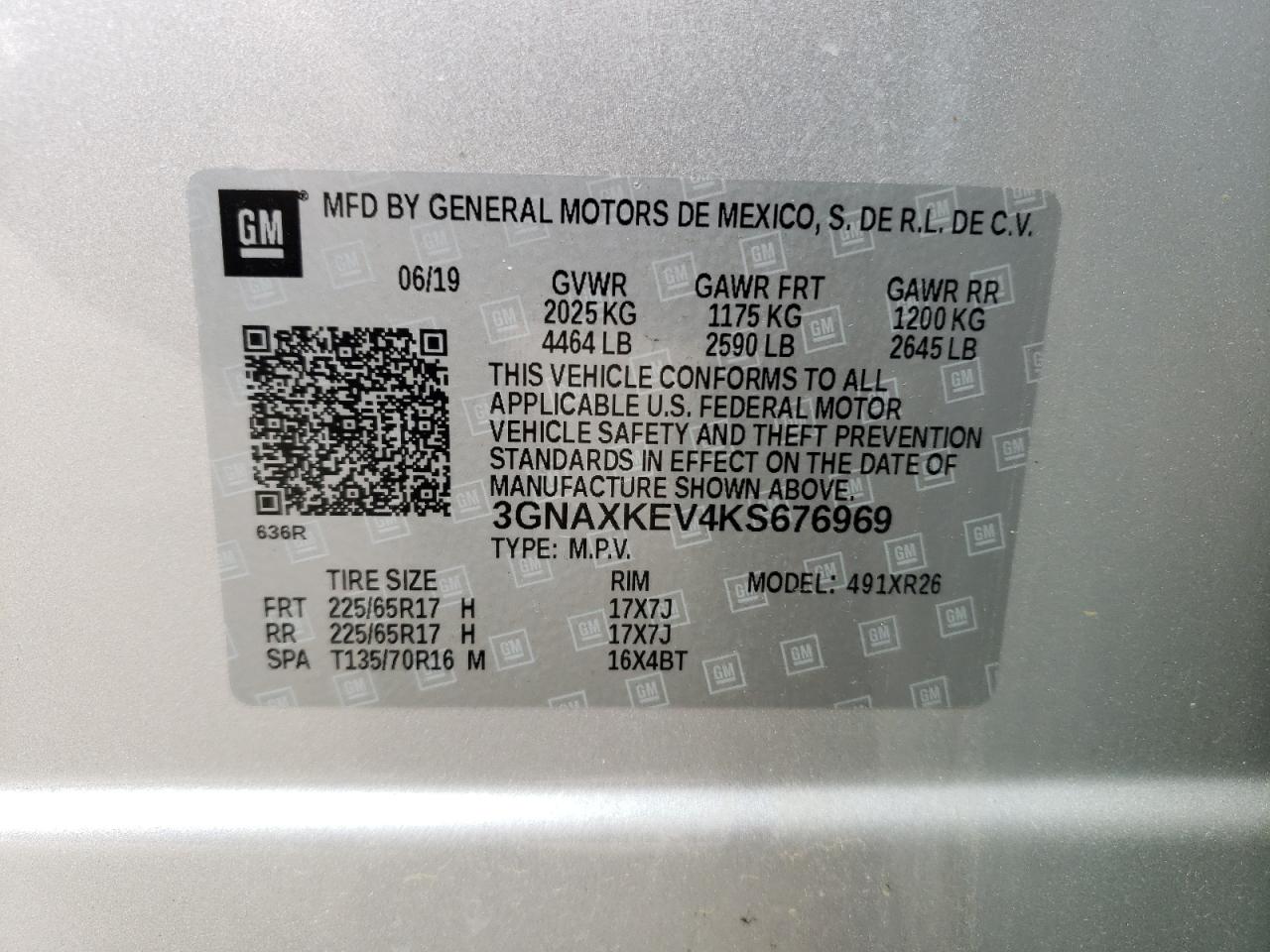 2019 Chevrolet Equinox Lt VIN: 3GNAXKEV4KS676969 Lot: 62271704