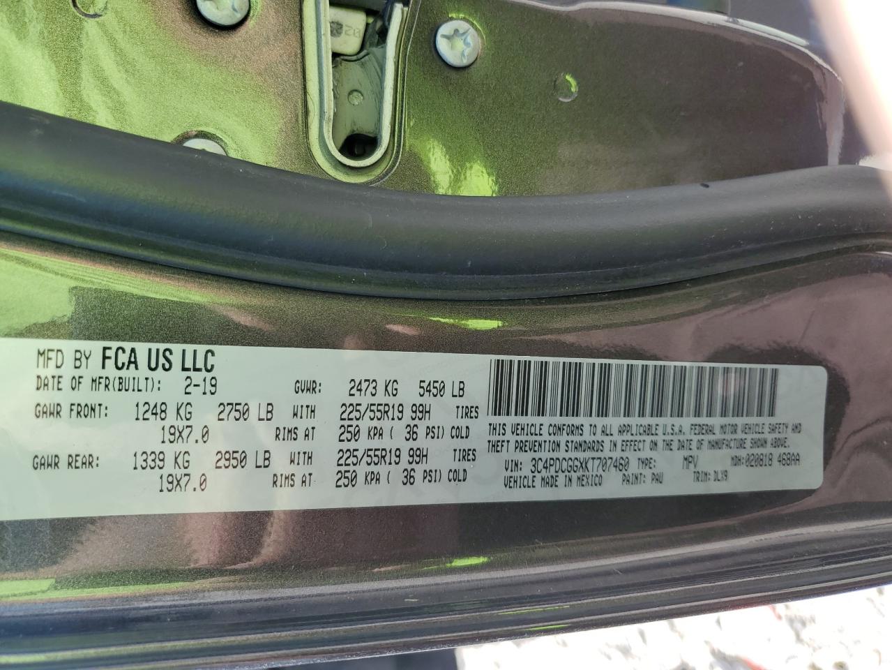 2019 Dodge Journey Crossroad VIN: 3C4PDCGGXKT707460 Lot: 62068014