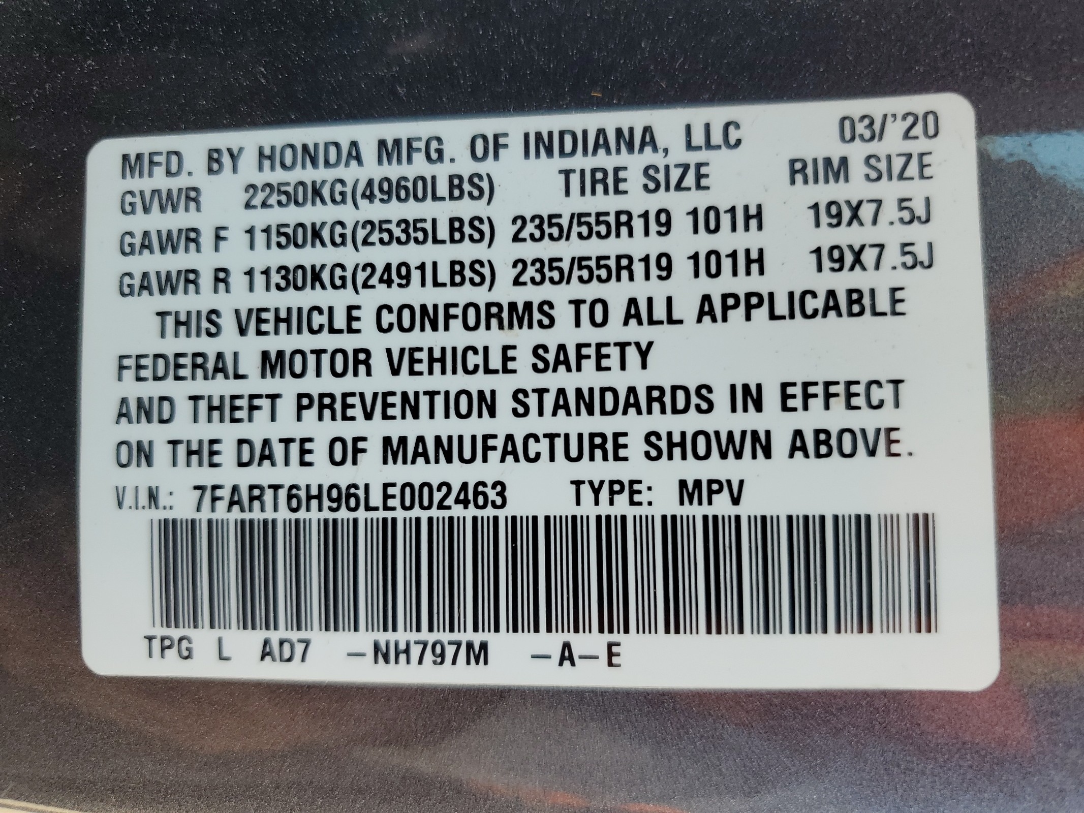 7FART6H96LE002463 2020 Honda Cr-V Touring