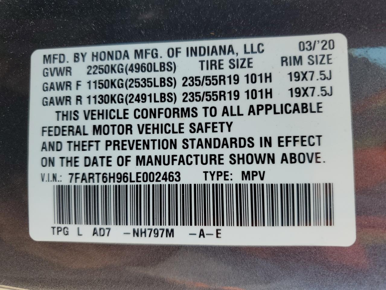 2020 Honda Cr-V Touring VIN: 7FART6H96LE002463 Lot: 61747294