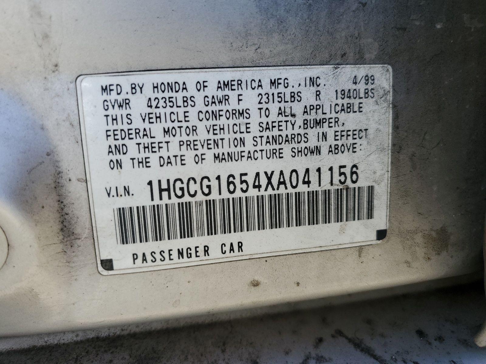 1HGCG1654XA041156 1999 Honda Accord Ex