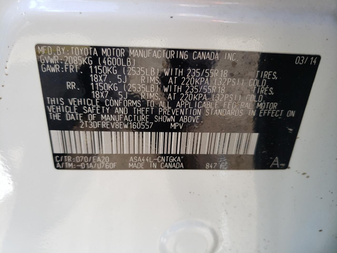 2014 Toyota Rav4 Limited VIN: 2T3DFREV8EW160557 Lot: 61569214