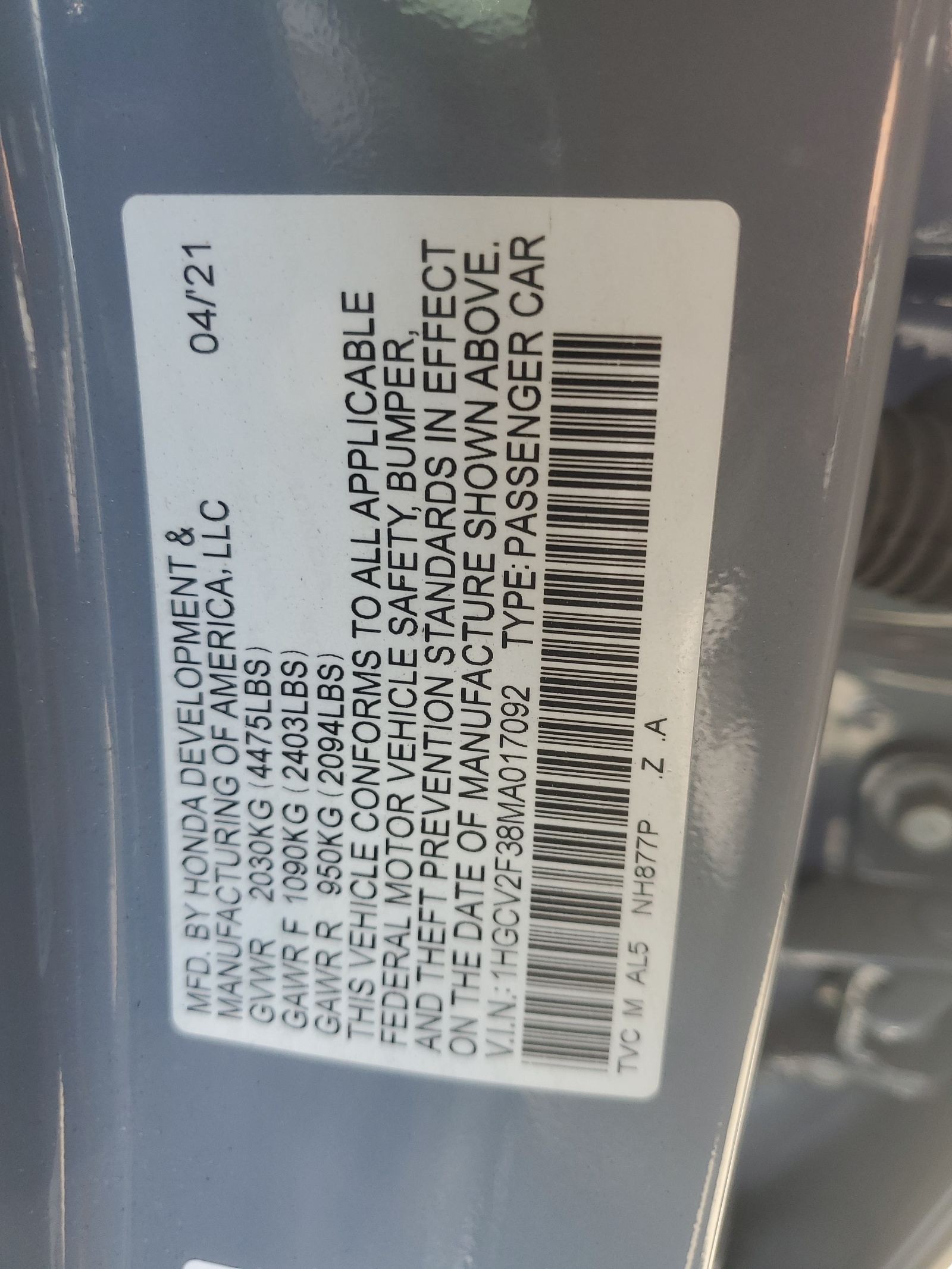 1HGCV2F38MA017092 2021 Honda Accord Sport