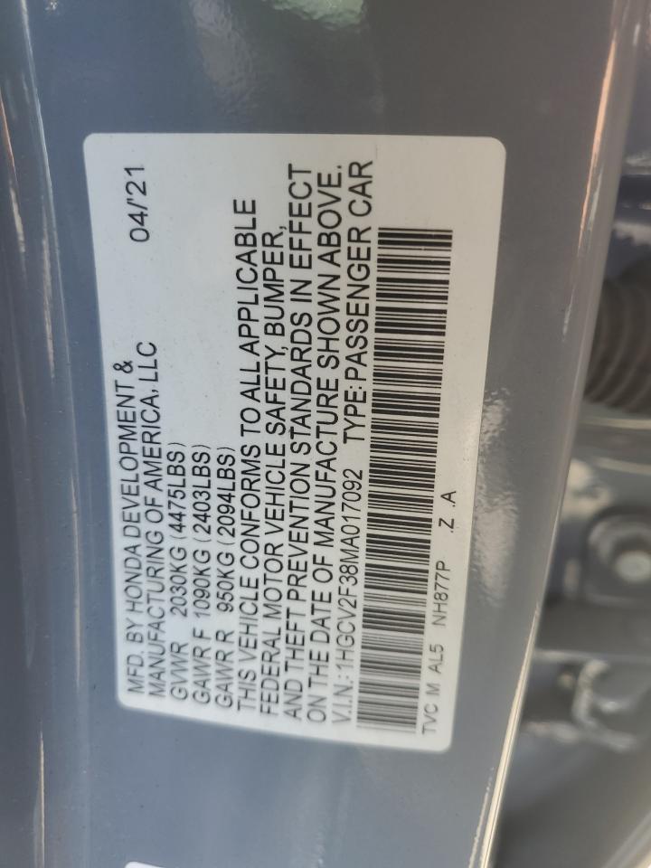 2021 Honda Accord Sport VIN: 1HGCV2F38MA017092 Lot: 64587074