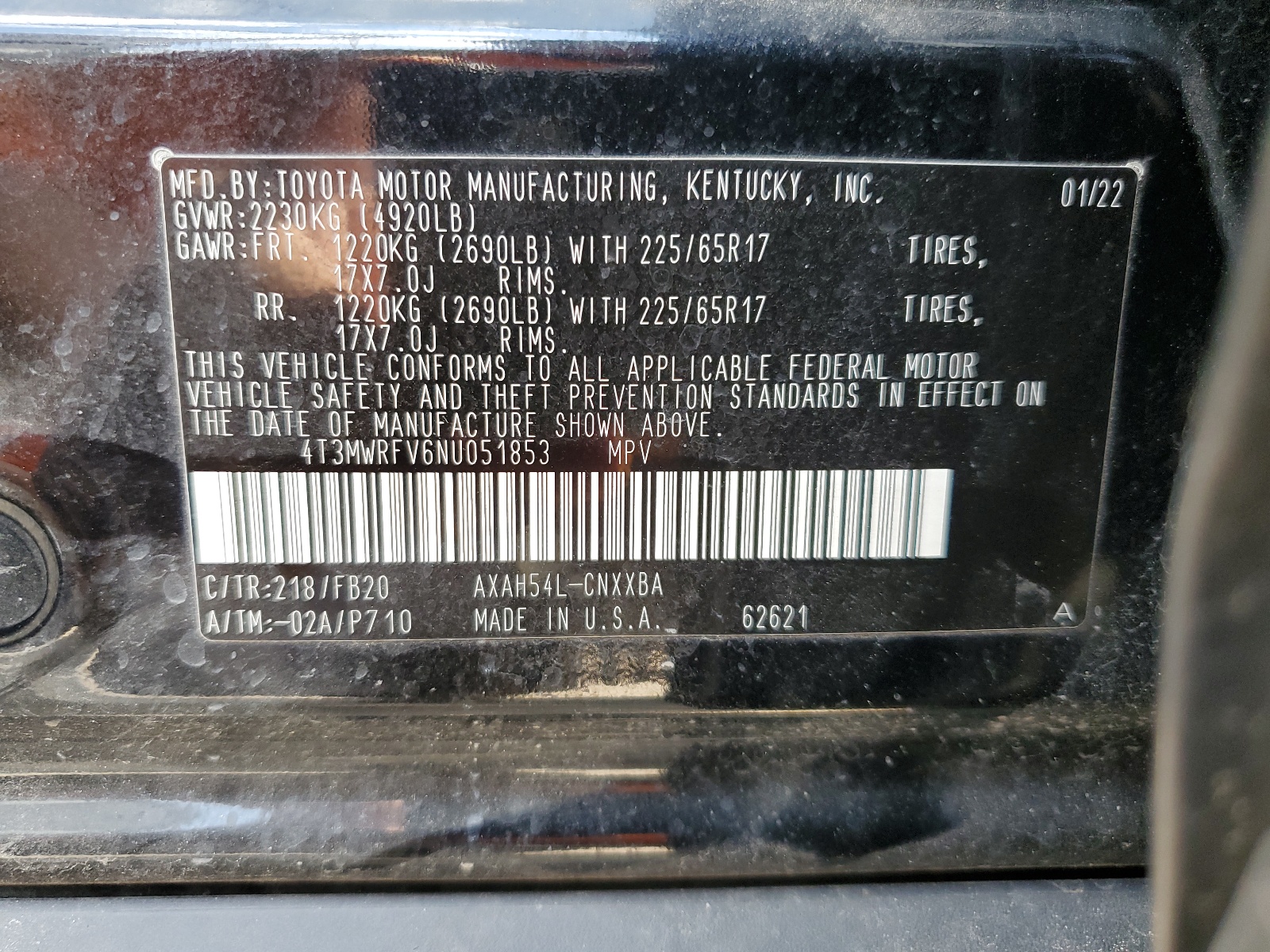 4T3MWRFV6NU051853 2022 Toyota Rav4 Le