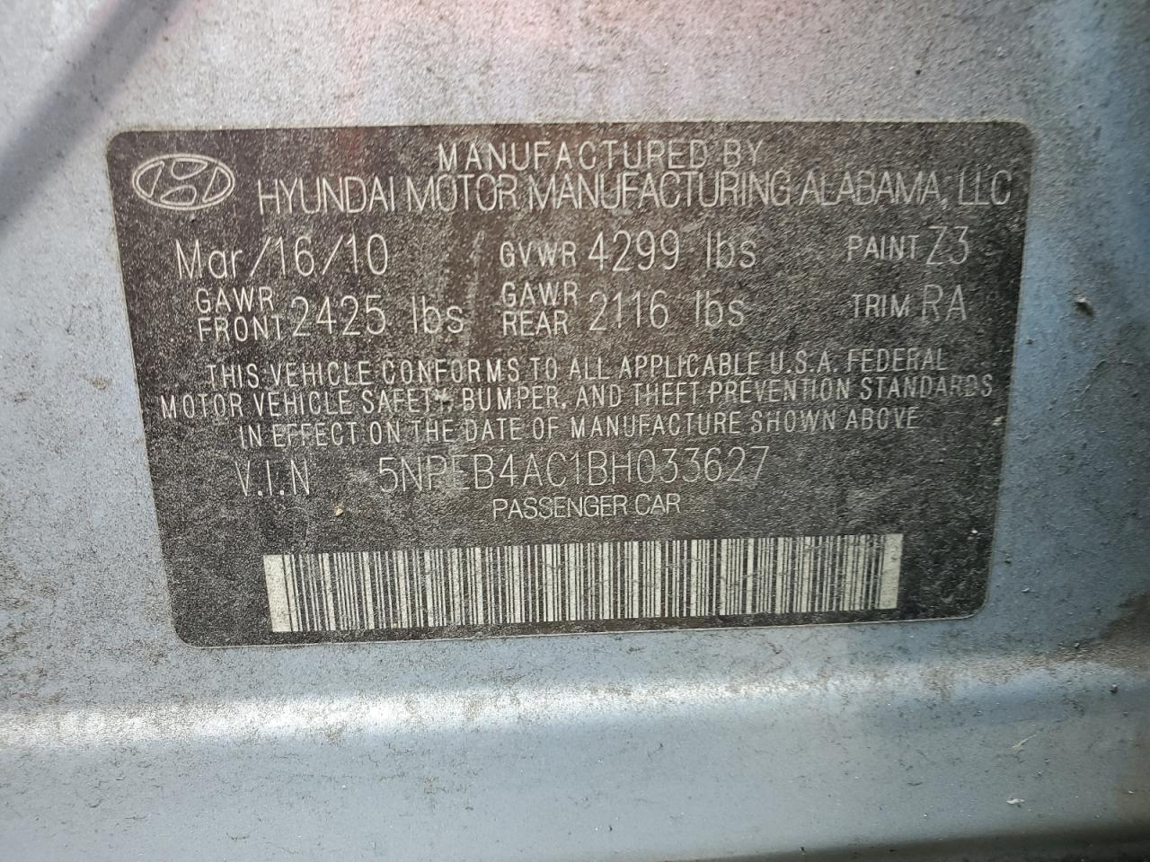 2011 Hyundai Sonata Gls VIN: 5NPEB4AC1BH033627 Lot: 63589784