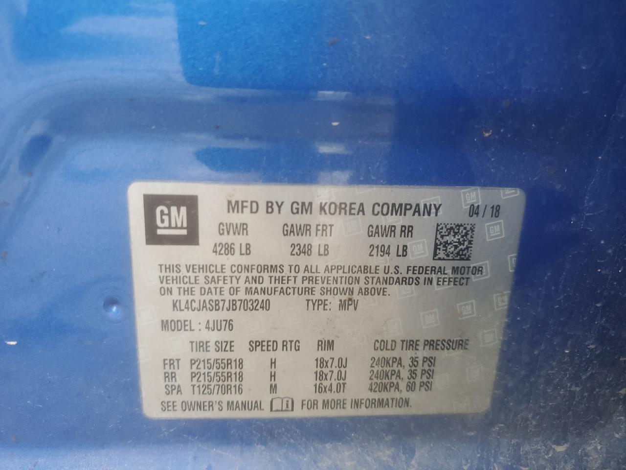 2018 Buick Encore Preferred VIN: KL4CJASB7JB703240 Lot: 62243894