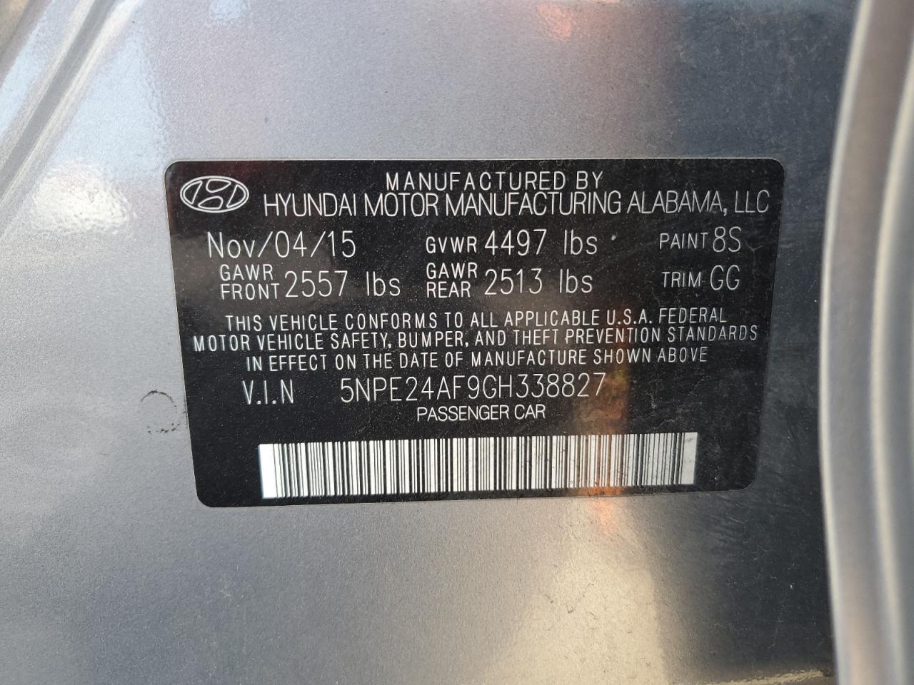5NPE24AF9GH338827 HYUNDAI SONATA 2016