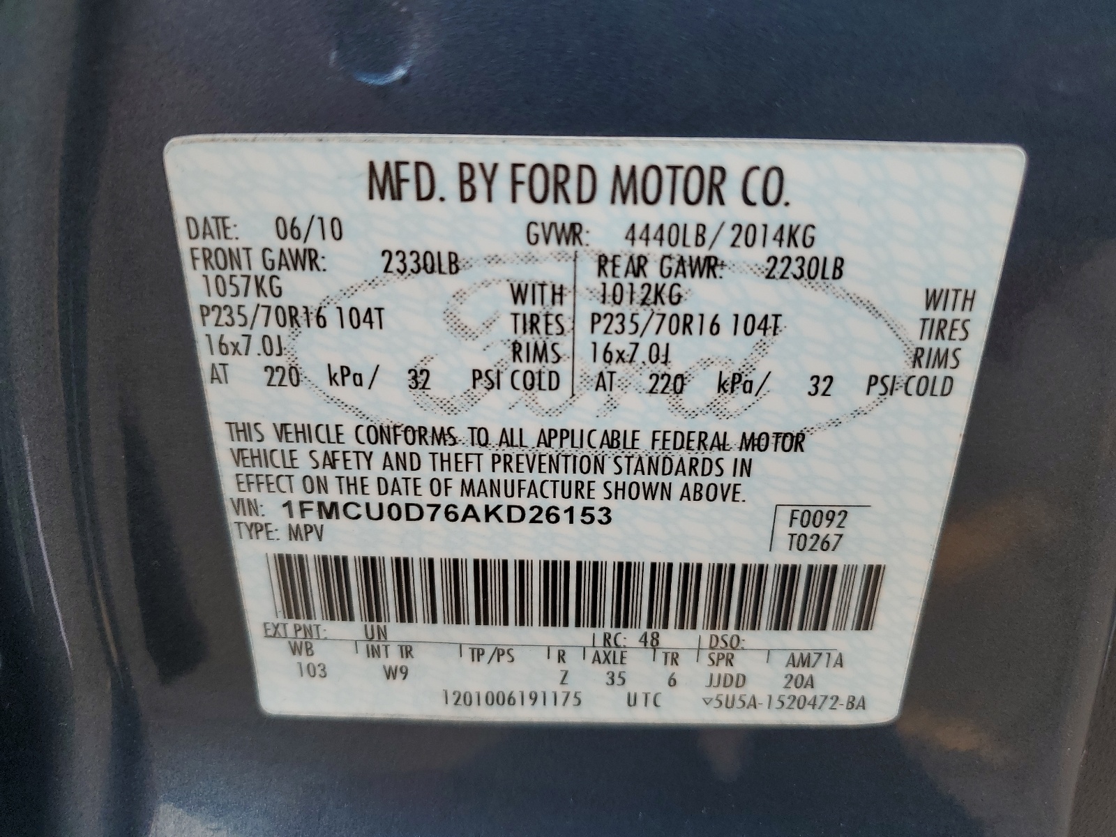 1FMCU0D76AKD26153 2010 Ford Escape Xlt
