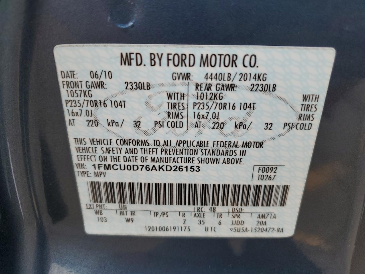 2010 Ford Escape Xlt VIN: 1FMCU0D76AKD26153 Lot: 64567064