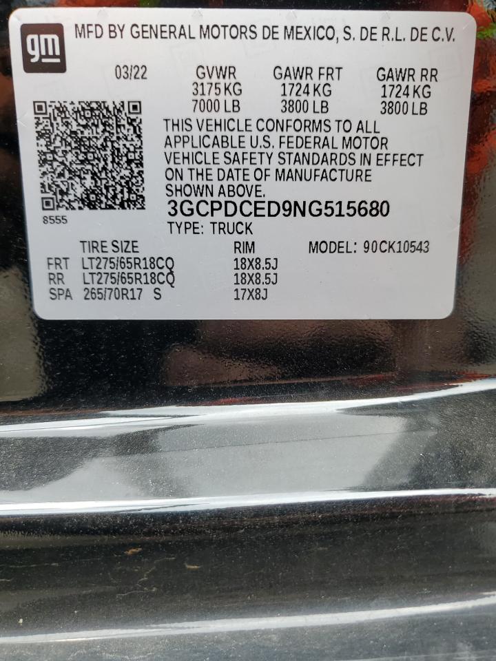 2022 Chevrolet Silverado K1500 Trail Boss Custom VIN: 3GCPDCED9NG515680 Lot: 61827684