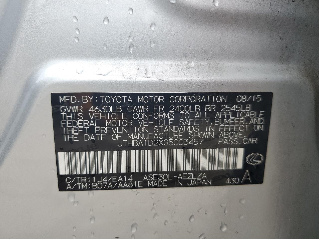 2016 Lexus Is 200T VIN: JTHBA1D2XG5003457 Lot: 64481834