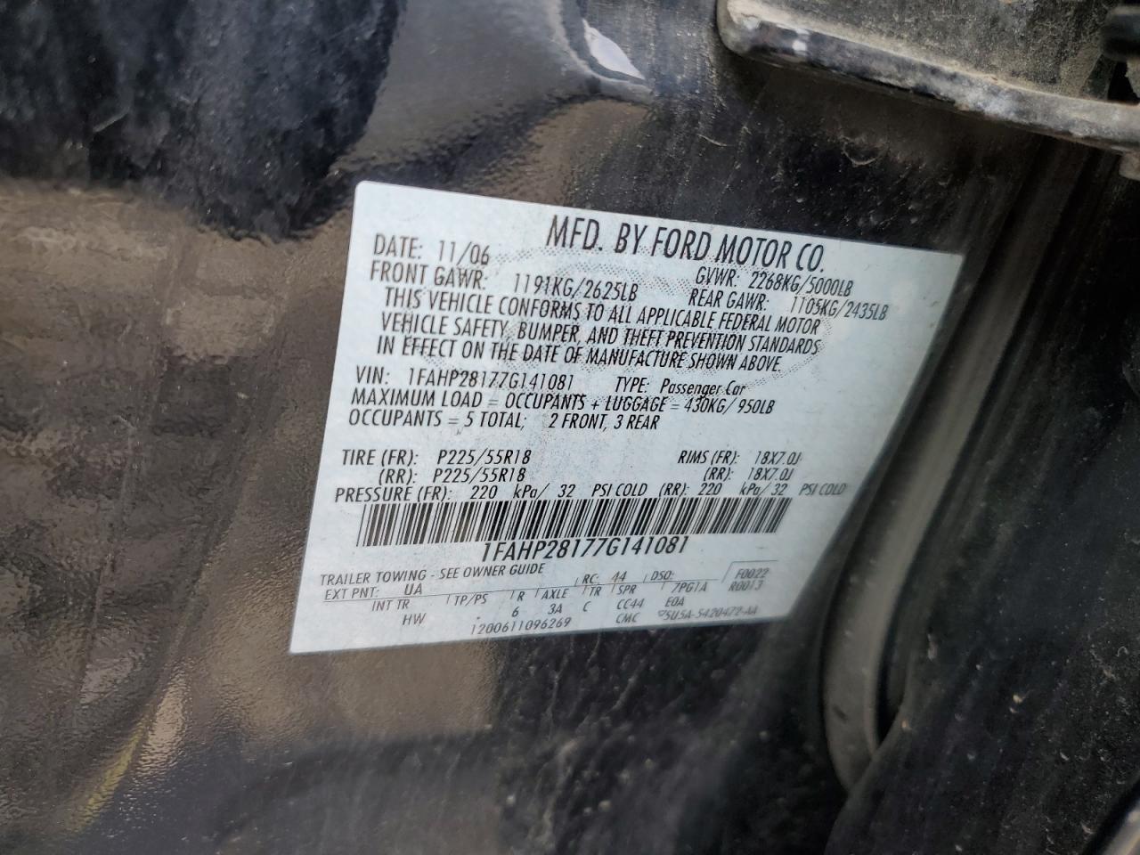 2007 Ford Five Hundred Limited VIN: 1FAHP28177G141081 Lot: 64662794