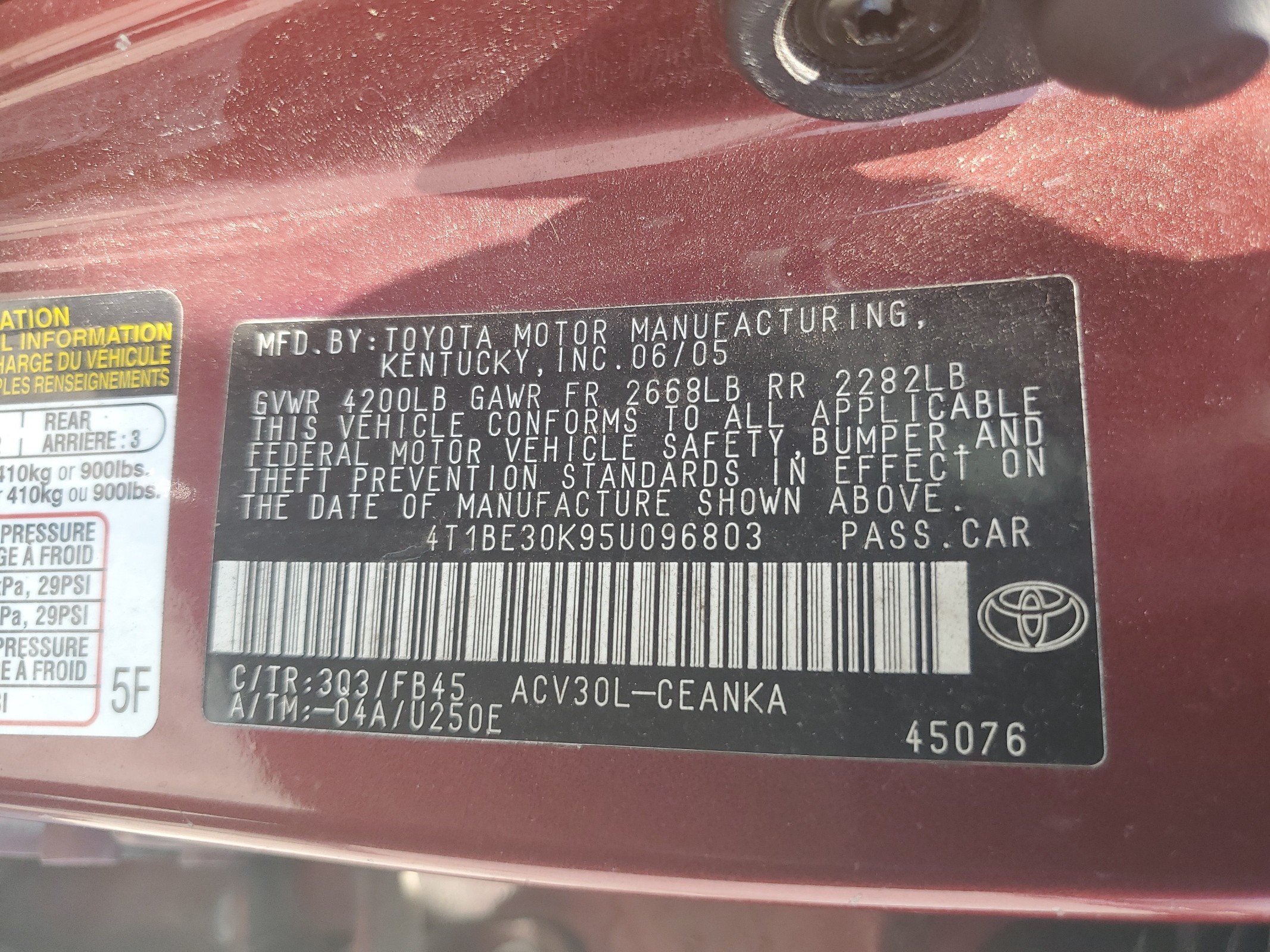 4T1BE30K95U096803 2005 Toyota Camry Le