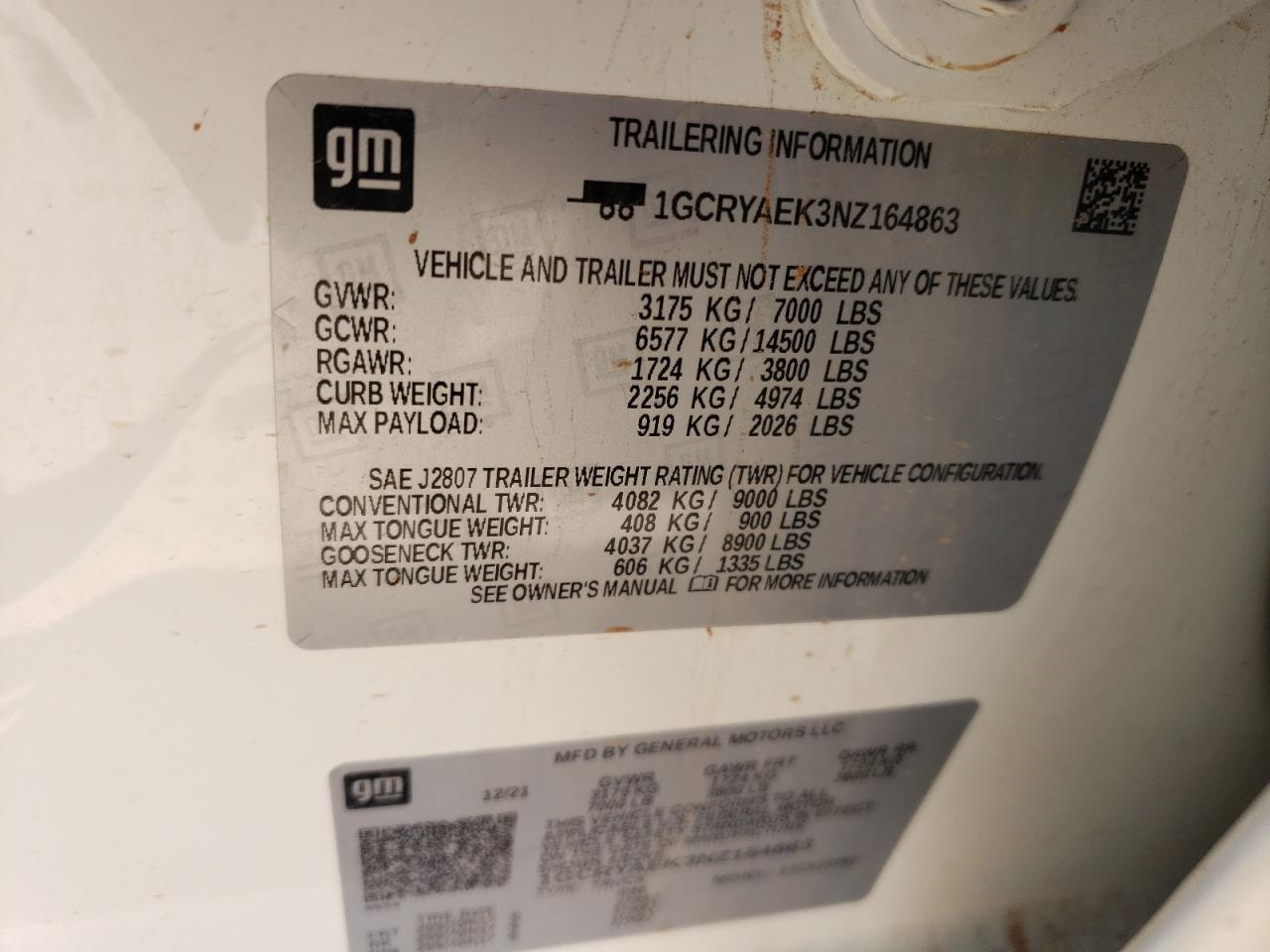 2022 Chevrolet Silverado Ltd K1500 VIN: 1GCRYAEK3NZ164863 Lot: 65061254