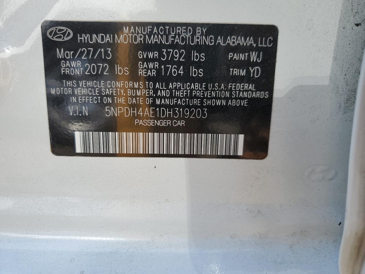 2013 Hyundai Elantra Gls VIN: 5NPDH4AE1DH319203 Lot: 62300334