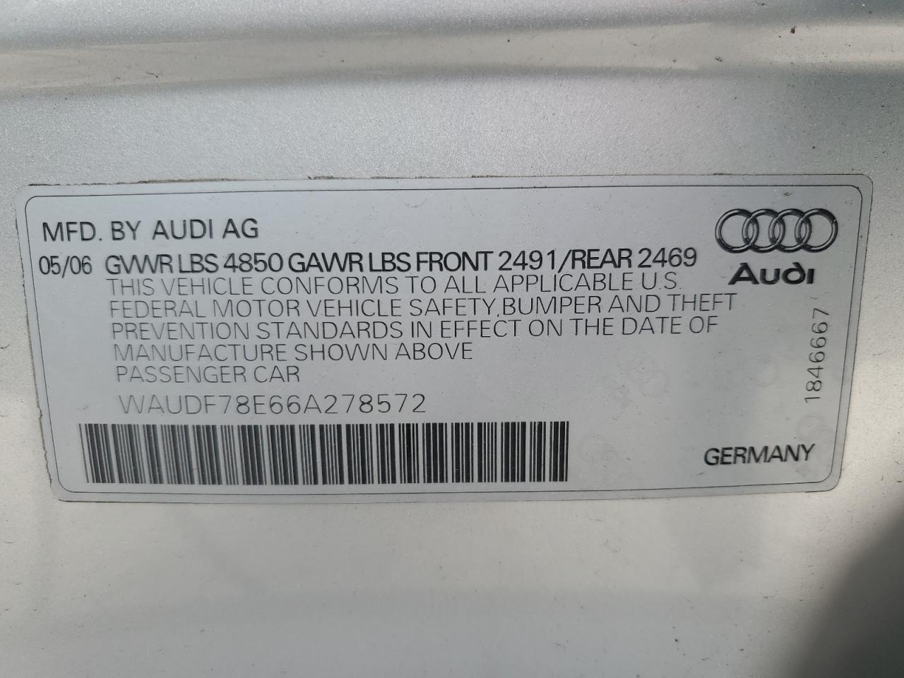 2006 Audi A4 2.0T Quattro VIN: WAUDF78E66A278572 Lot: 64481904