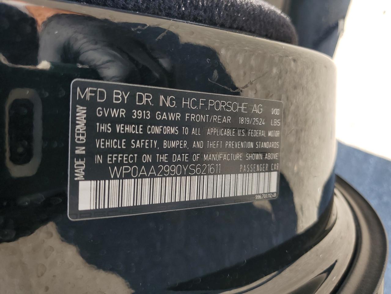 2000 Porsche 911 Carrera 2 VIN: WP0AA2990YS621611 Lot: 62323534