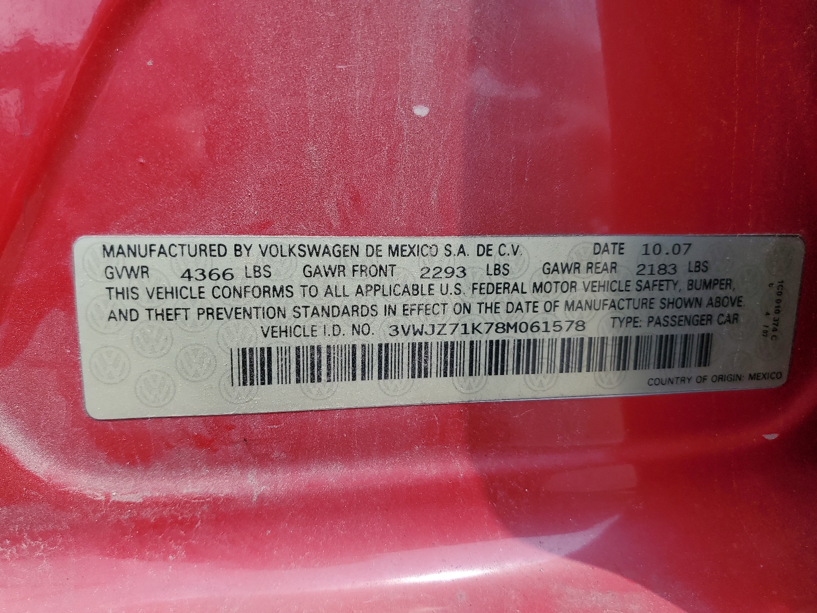 3VWJZ71K78M061578 2008 Volkswagen Jetta S