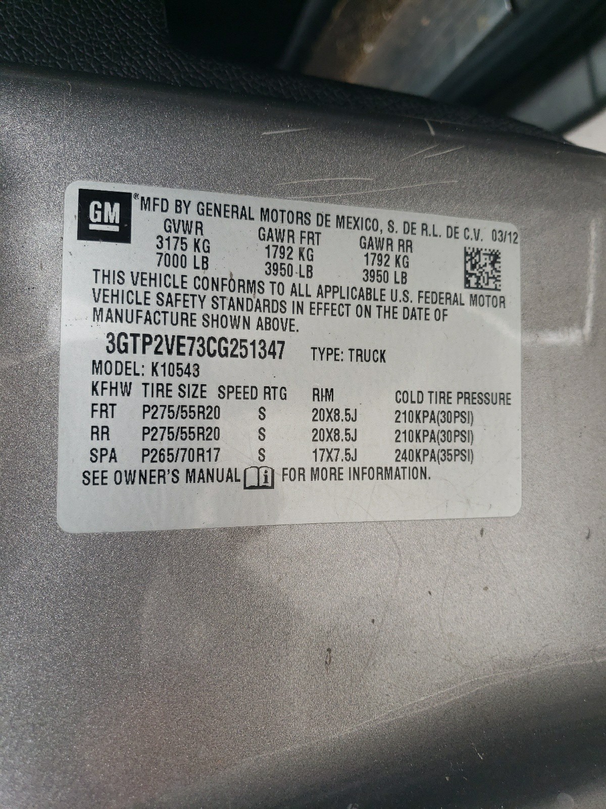 3GTP2VE73CG251347 2012 GMC Sierra K1500 Sle