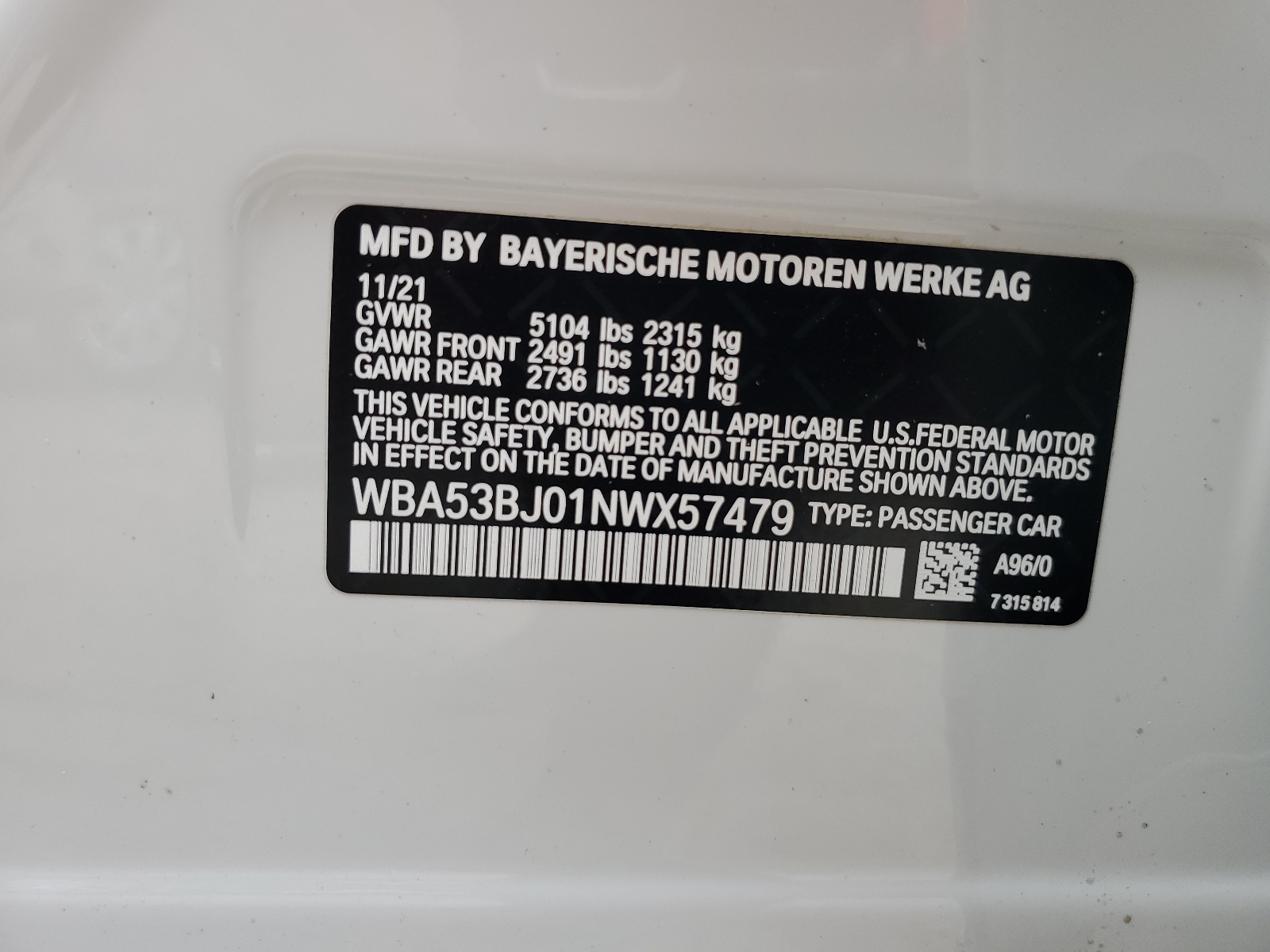 WBA53BJ01NWX57479 2022 BMW 540 I