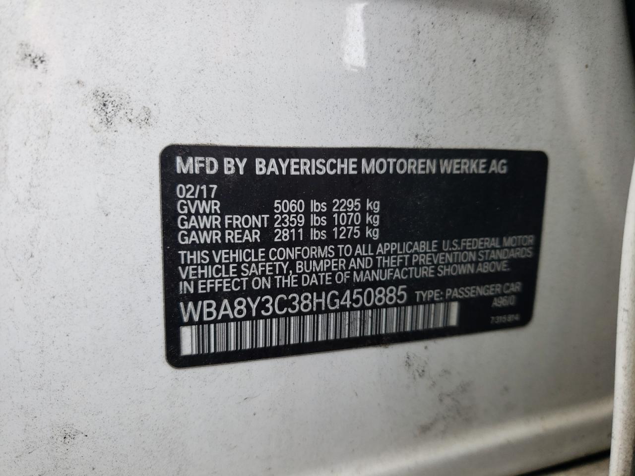 2017 BMW 340 Xigt VIN: WBA8Y3C38HG450885 Lot: 65107254