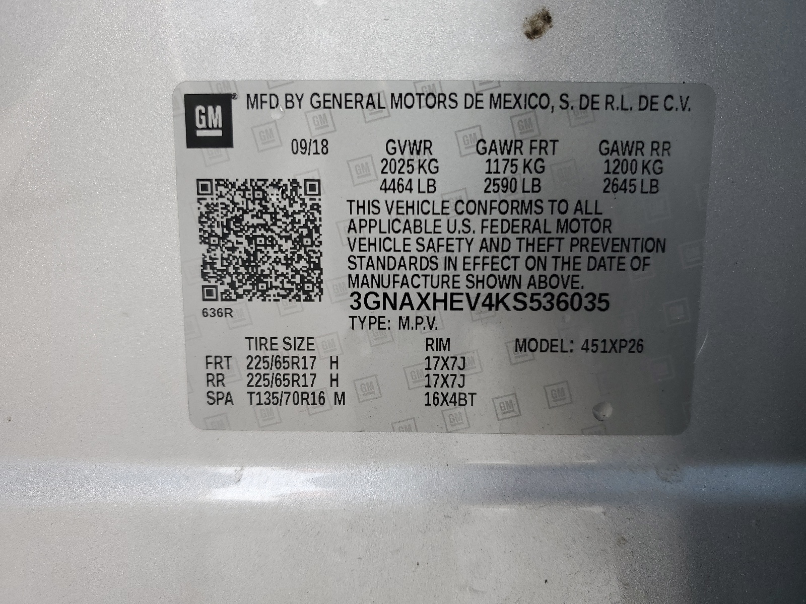 3GNAXHEV4KS536035 2019 Chevrolet Equinox Ls