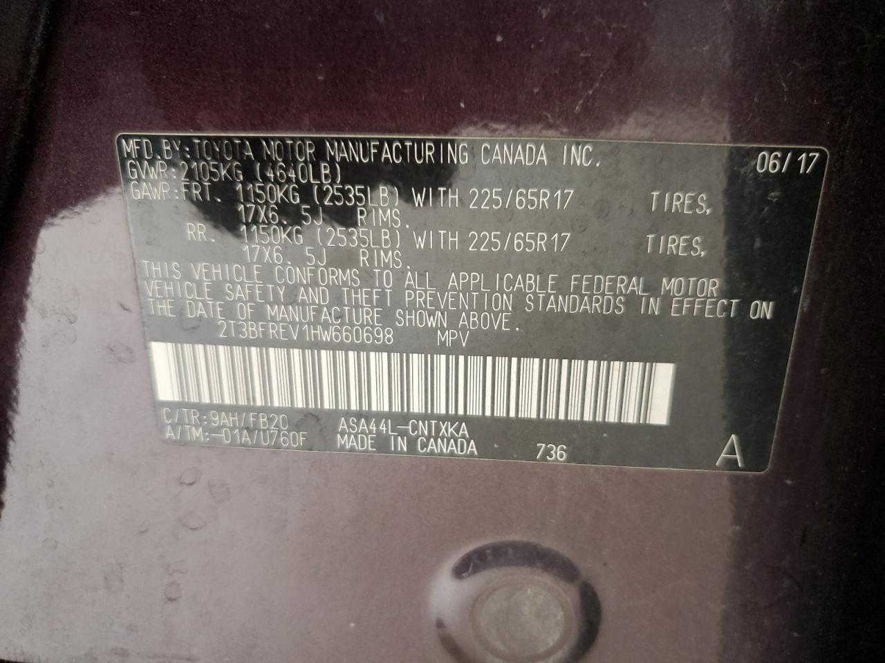 2017 Toyota Rav4 Le VIN: 2T3BFREV1HW660698 Lot: 63672174