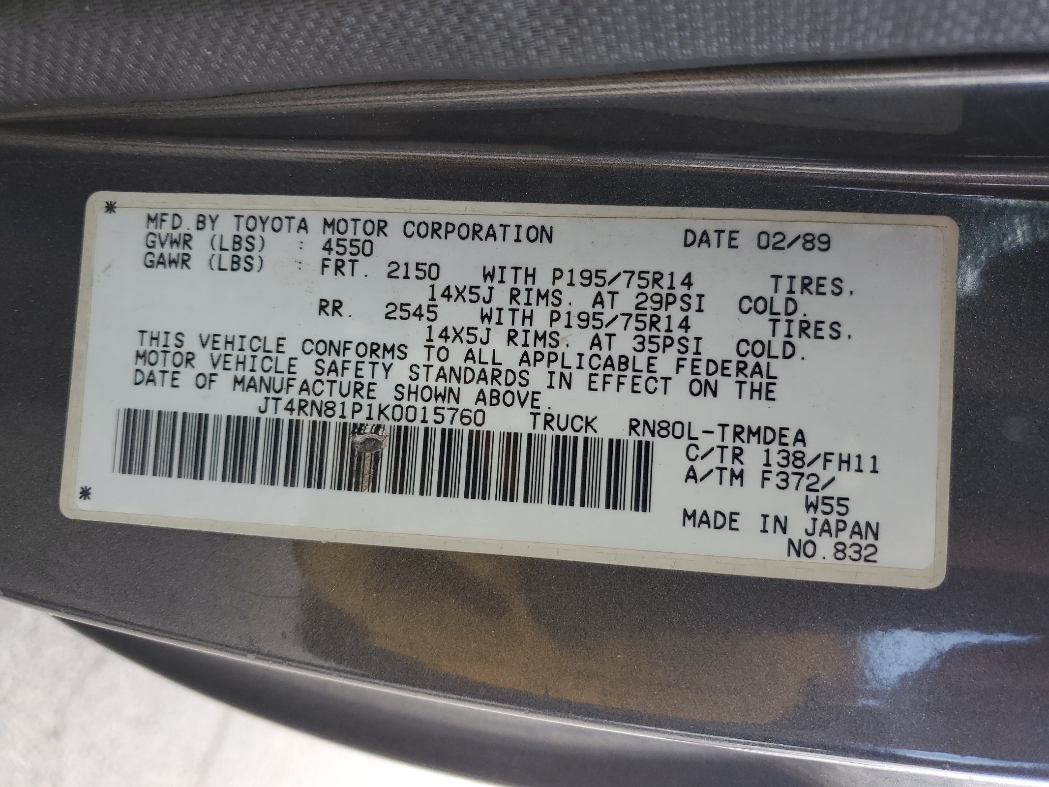 JT4RN81P1K0015760 1989 Toyota Pickup 1/2 Ton Short Wheelbase Dlx