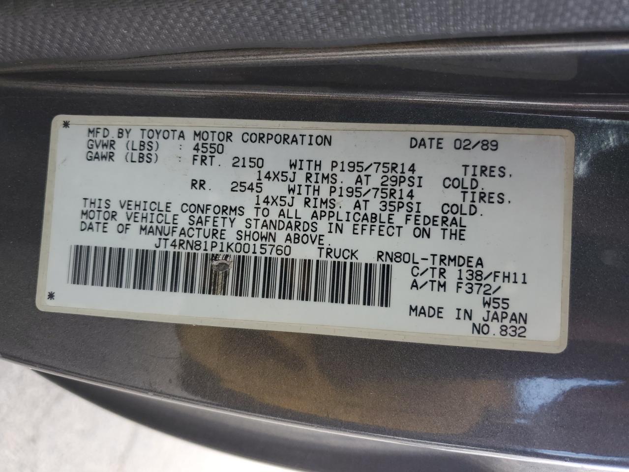 1989 Toyota Pickup 1/2 Ton Short Wheelbase Dlx VIN: JT4RN81P1K0015760 Lot: 63541714