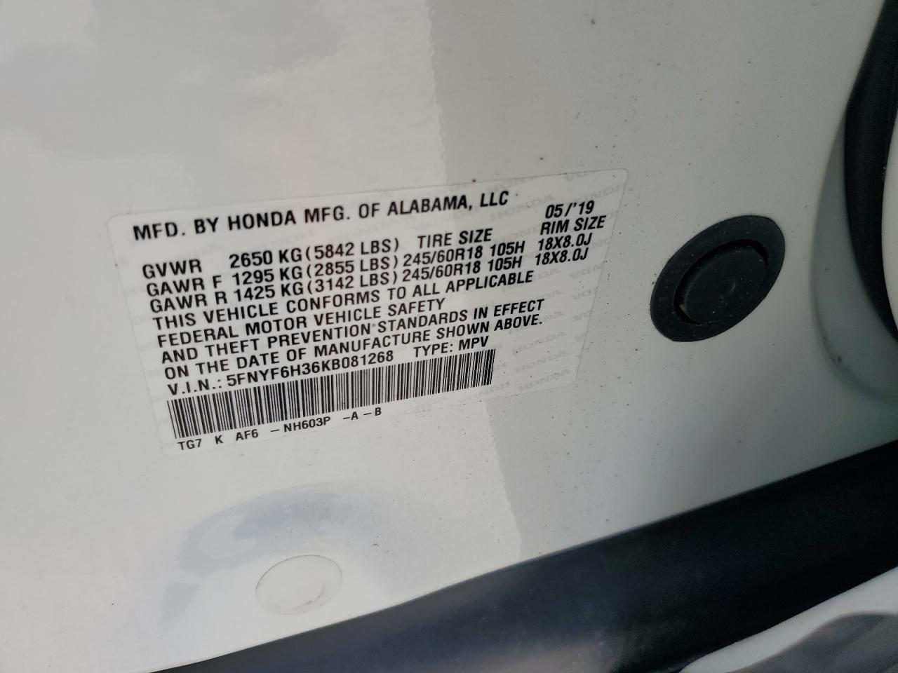 2019 Honda Pilot Ex VIN: 5FNYF6H36KB081268 Lot: 65398314