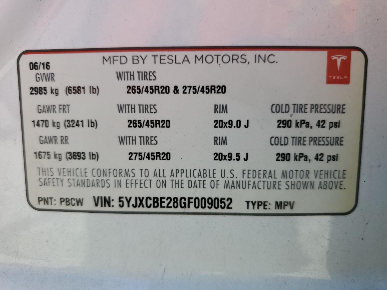 2016 Tesla Model X VIN: 5YJXCBE28GF009052 Lot: 60871004