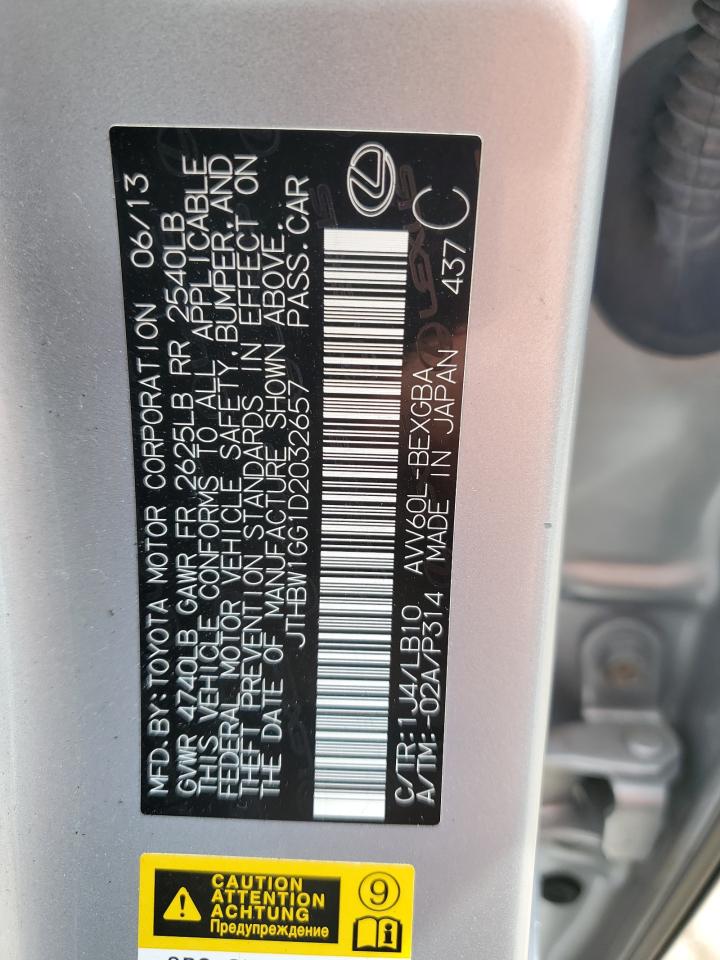 2013 Lexus Es 300H VIN: JTHBW1GG1D2032657 Lot: 63477094