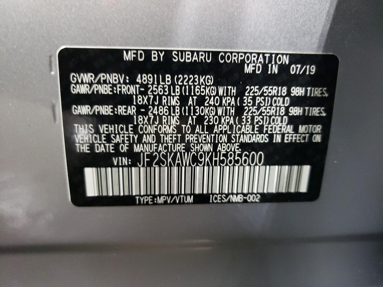 2019 Subaru Forester Touring VIN: JF2SKAWC9KH585600 Lot: 64698864