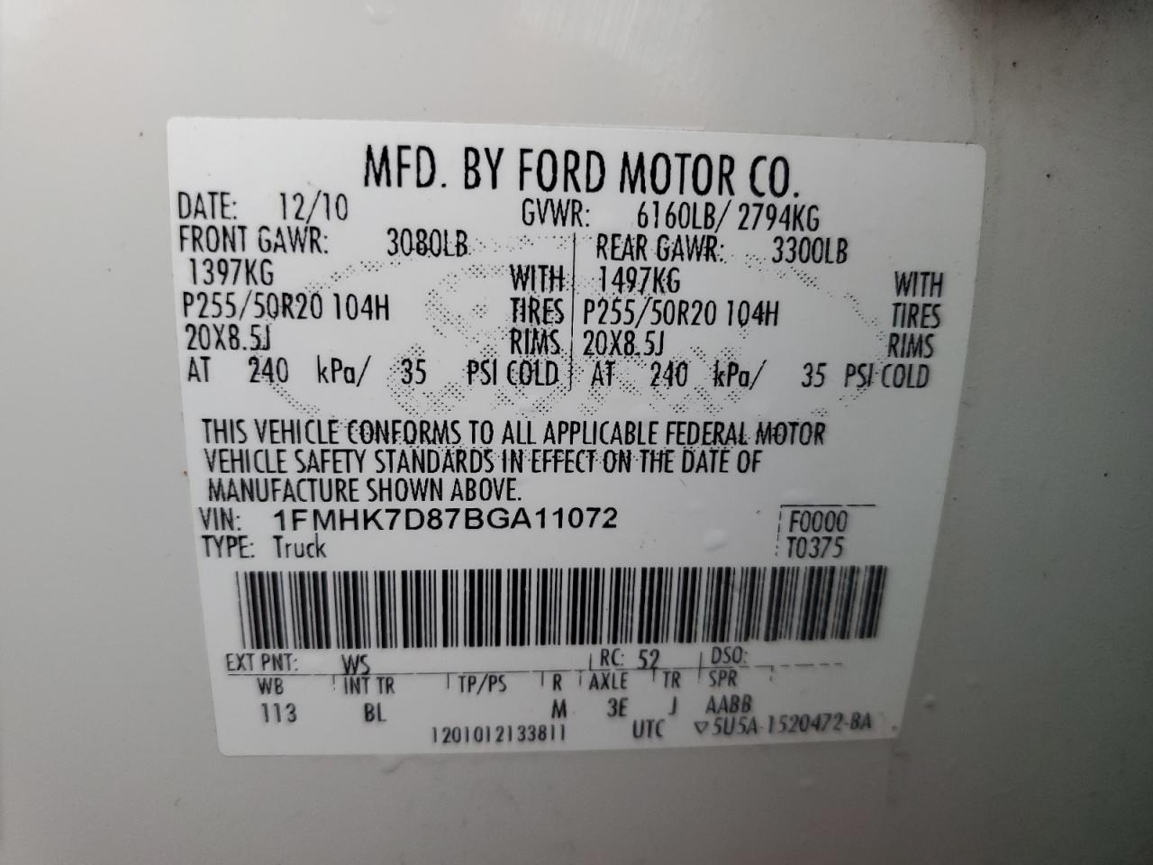 2011 Ford Explorer Xlt VIN: 1FMHK7D87BGA11072 Lot: 64709234