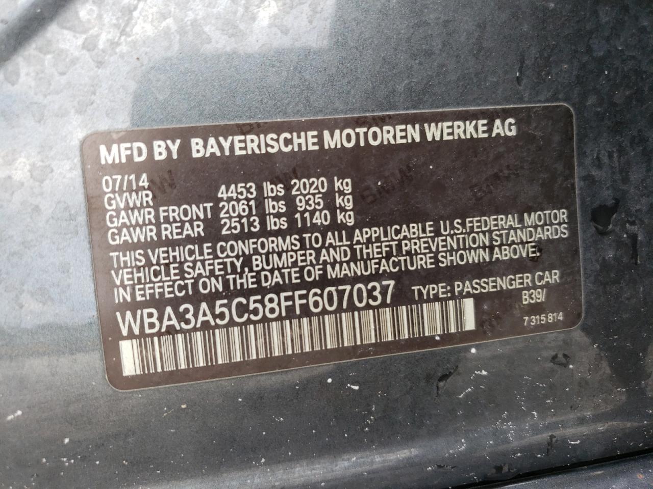 2015 BMW 328 I VIN: WBA3A5C58FF607037 Lot: 62097554