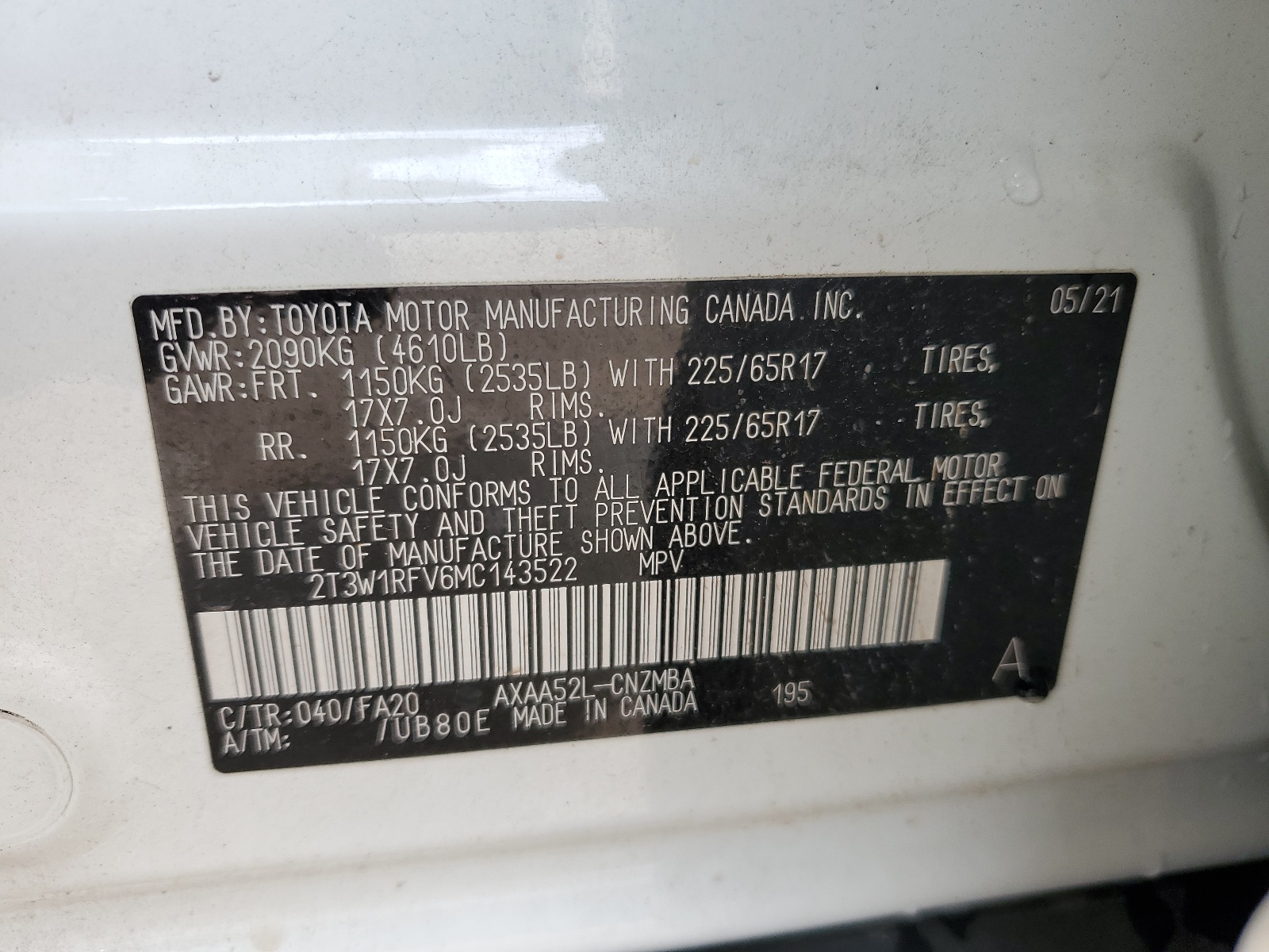 2T3W1RFV6MC143522 2021 Toyota Rav4 Xle