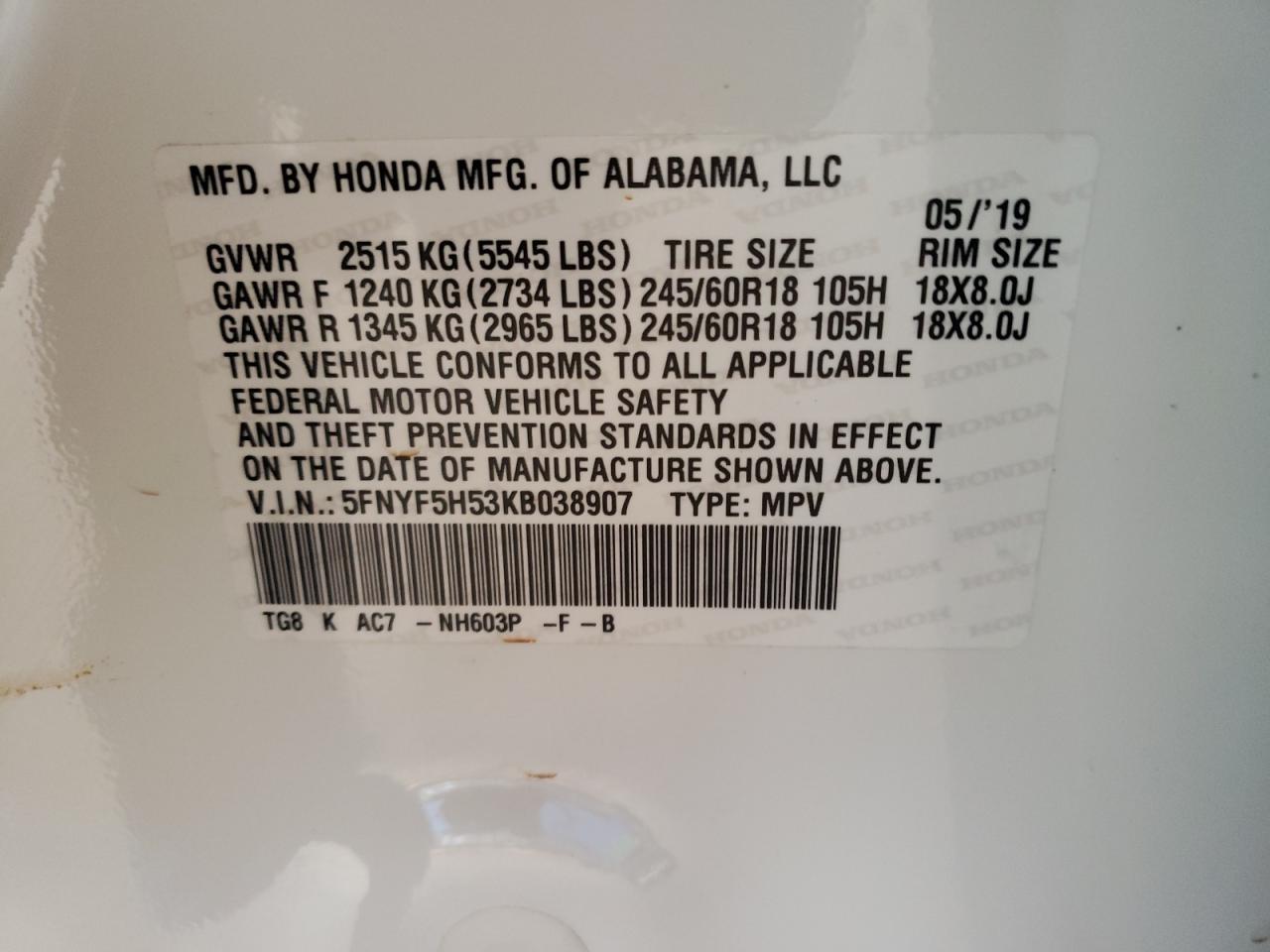 2019 Honda Pilot Exl VIN: 5FNYF5H53KB038907 Lot: 61129184