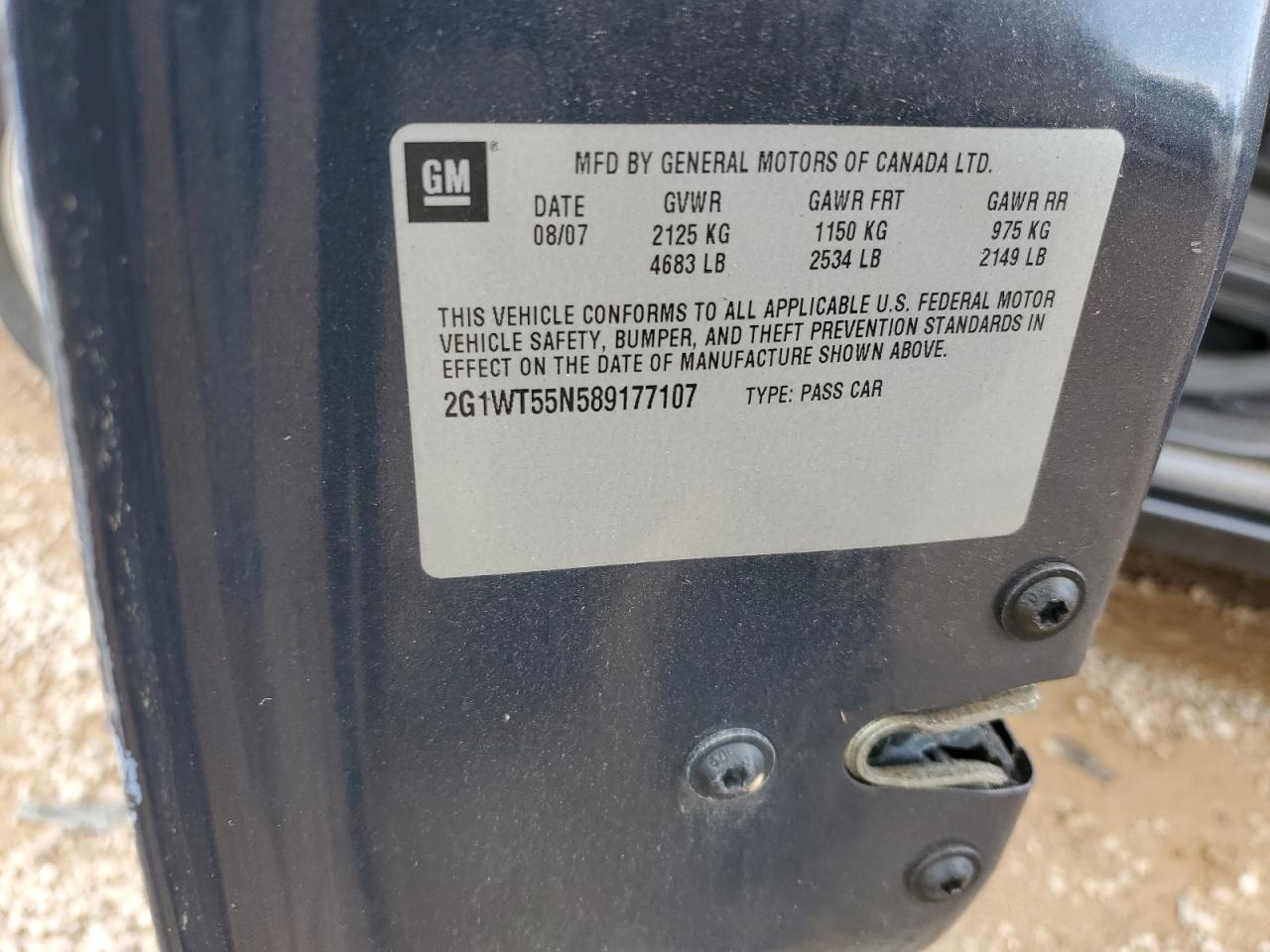 2008 Chevrolet Impala Lt VIN: 2G1WT55N589177107 Lot: 61855424