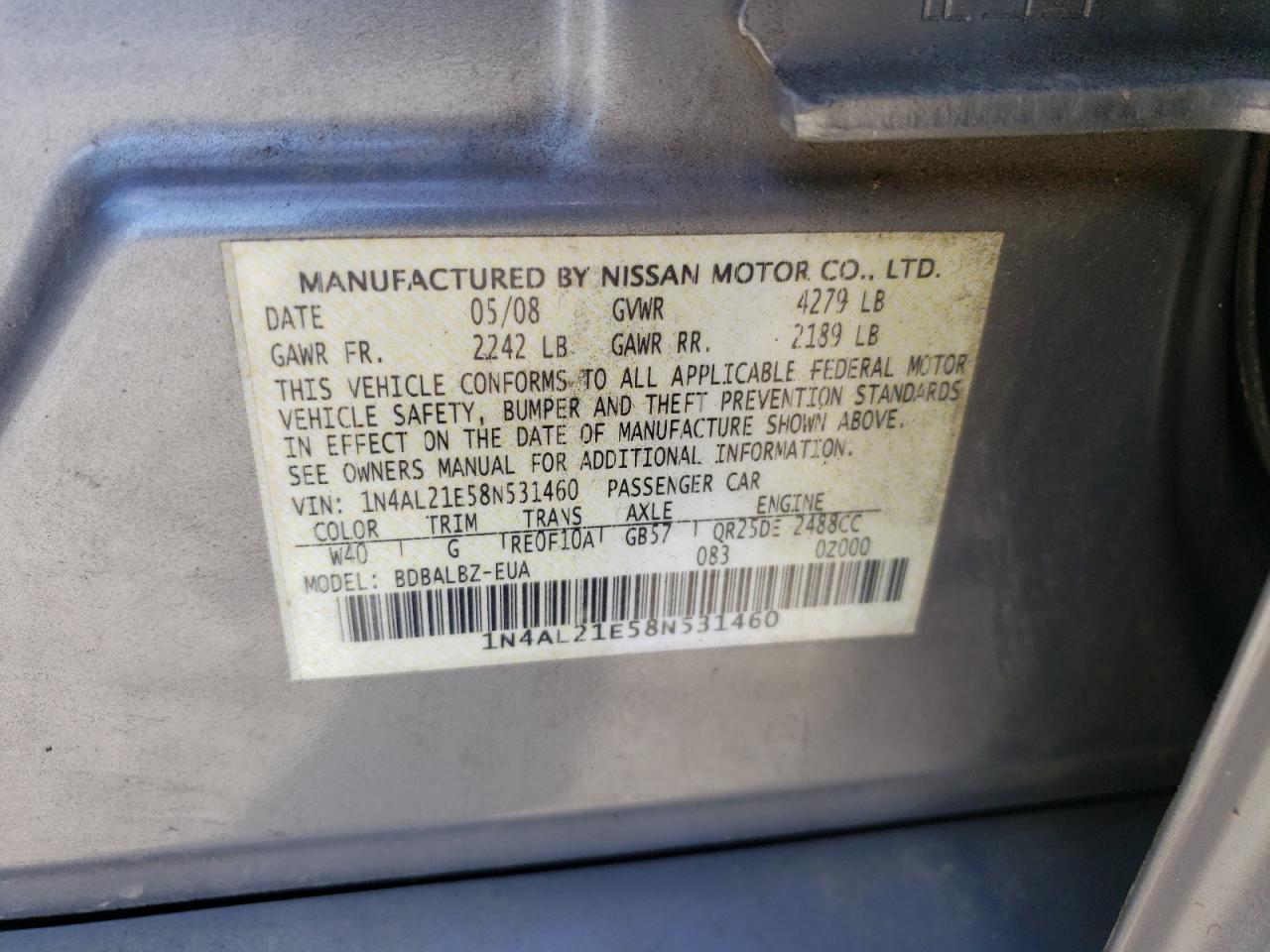 2008 Nissan Altima 2.5 VIN: 1N4AL21E58N531460 Lot: 62499084