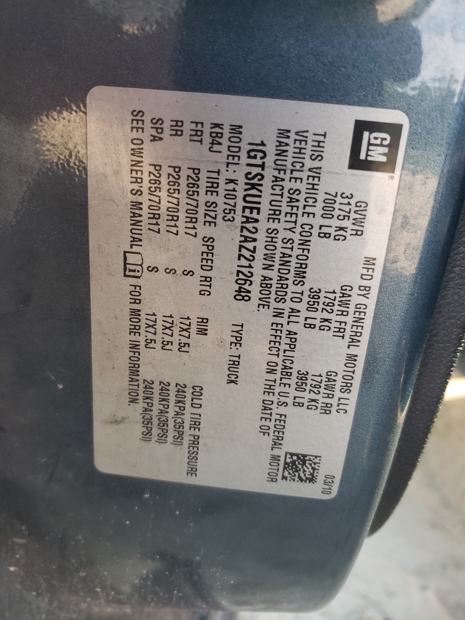 1GTSKUEA2AZ212648 2010 GMC Sierra K1500 Sl