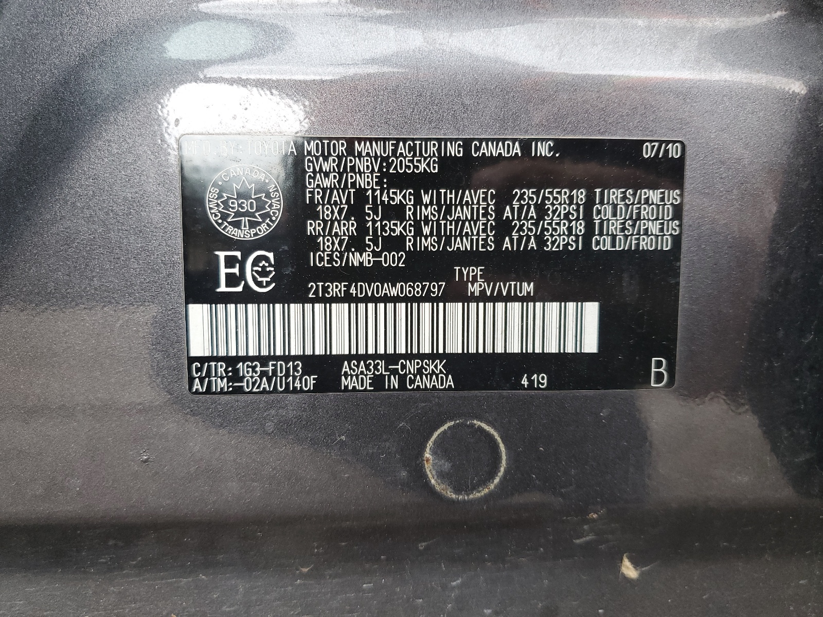 2T3RF4DV0AW068797 2010 Toyota Rav4 Sport