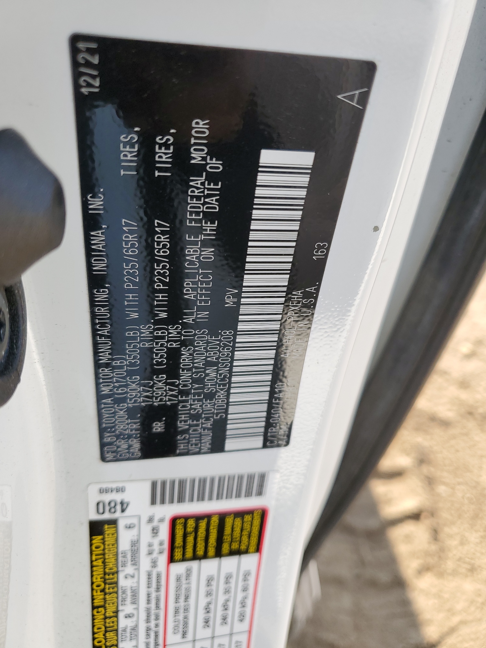 5TDBRKEC5NS096208 2022 Toyota Sienna Le