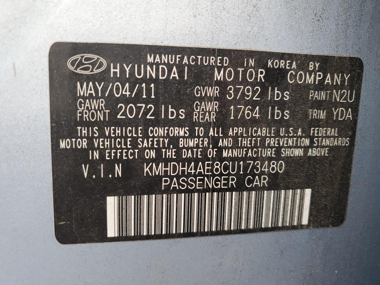 2012 Hyundai Elantra Gls VIN: KMHDH4AE8CU173480 Lot: 64418174