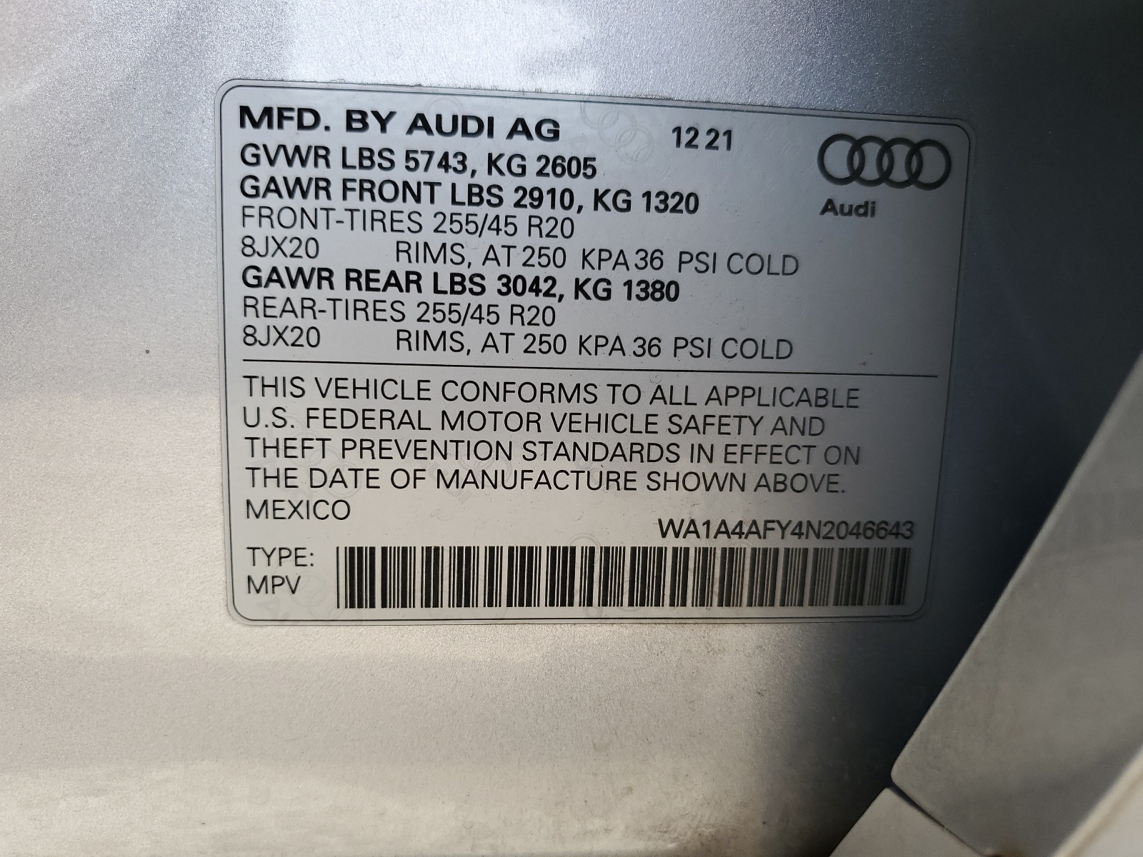 WA1A4AFY4N2046643 2022 Audi Sq5 Premium