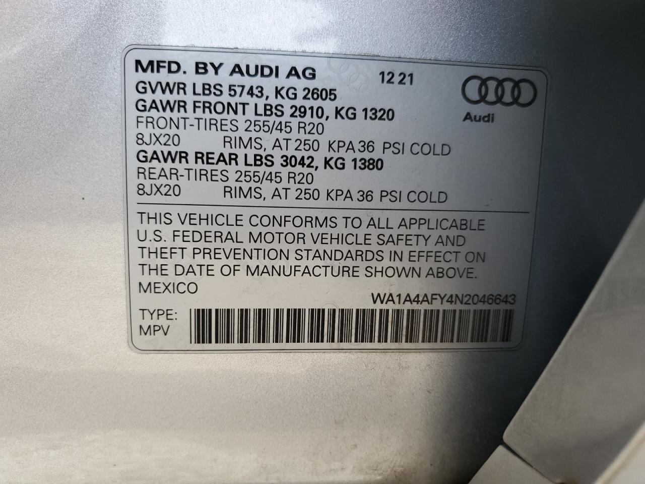 2022 Audi Sq5 Premium VIN: WA1A4AFY4N2046643 Lot: 63671814