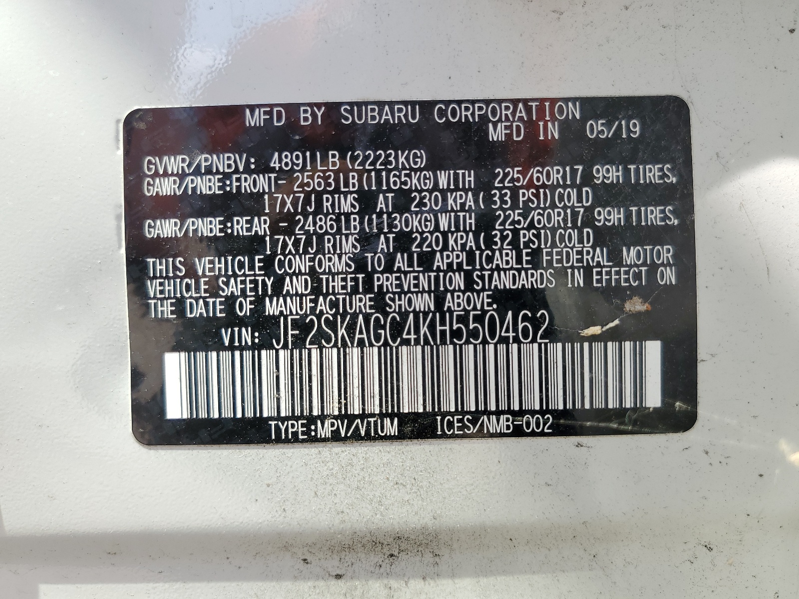 JF2SKAGC4KH550462 2019 Subaru Forester Premium